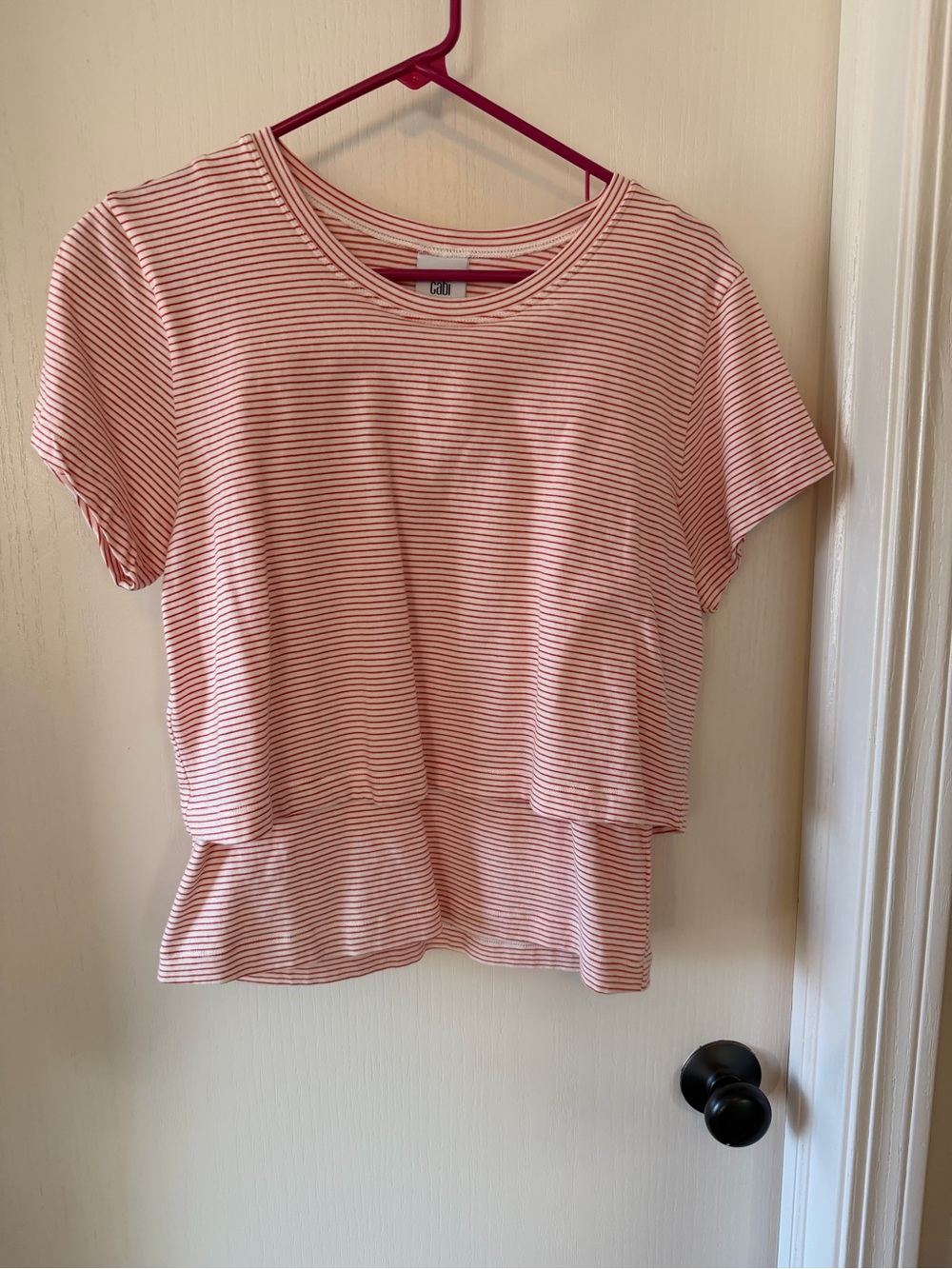 CAbi Pink & White Striped Cropped Peplum Tee